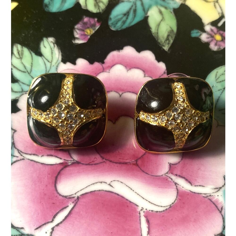 Vintage Pair Earrings Gold & Black Enamel & Diamond Cross Pattern ~ Very CoCo!